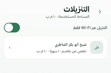 أعلى شاشة التنزيلات في التطبيق: المساحة المستخدمة، وخيار التنزيل عبر Wi-Fi فقط، وقارئ نُزّلت تلاواته للاستماع دون إنترنت.